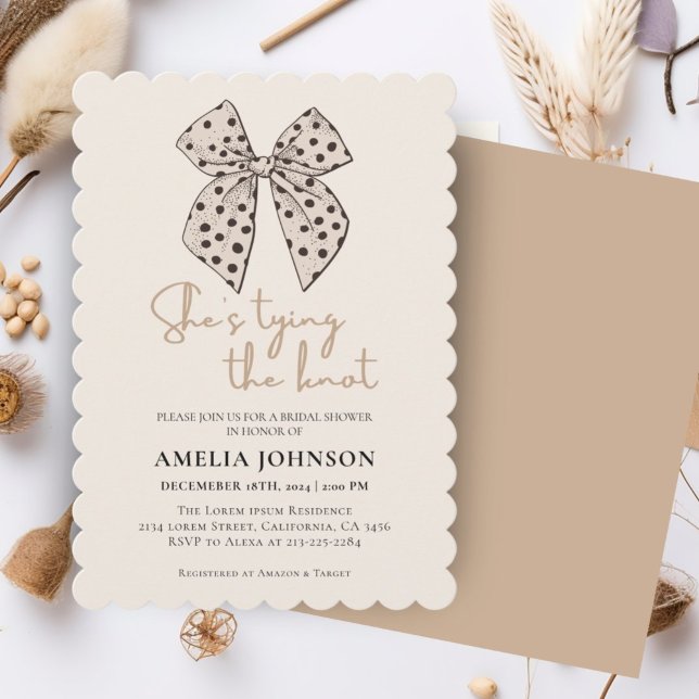 Beige bow She'sTying the Knot Bridal Shower  Invitation (Creator Uploaded)