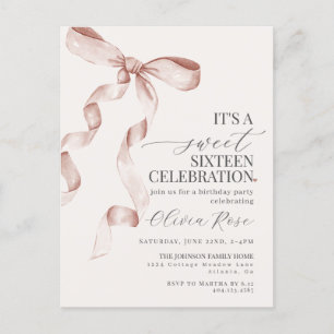 Beige Bow Sweet Sixteen Birthday Party Invitation Postcard