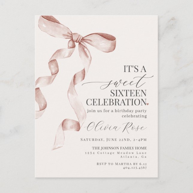 Beige Bow Sweet Sixteen Birthday Party Invitation Postcard (Front)