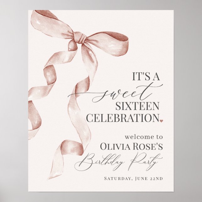Beige Bow Sweet Sixteen Birthday Welcome Sign (Front)