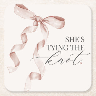 Beige Bow Tying the Knot Bridal Shower Decor Square Paper Coaster