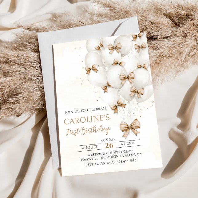 Beige Bows Balloons Birthday Invitation (Creator Uploaded)