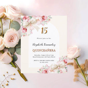 Beige bows pink floral arch Quinceanera invitation