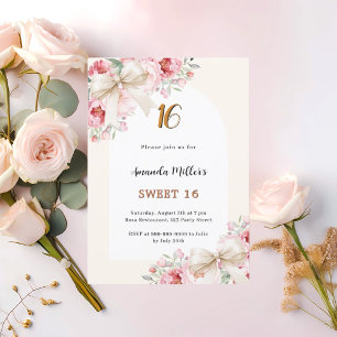 Beige bows pink florals arch Sweet 16 Invitation