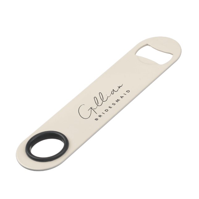 Beige Bridesmaid Minimalist Script Bottle Opener (Front Angled)