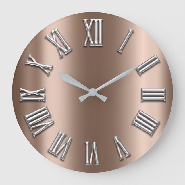 Beige Bronze Grey Metal Grey Silver Roman Number Large Clock (Front)