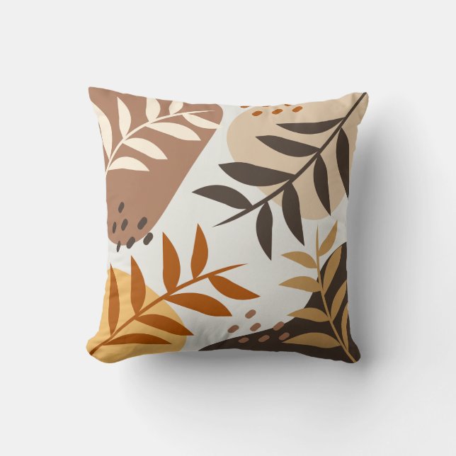 Beige Brown Abstract Leaf Cushion (Front)