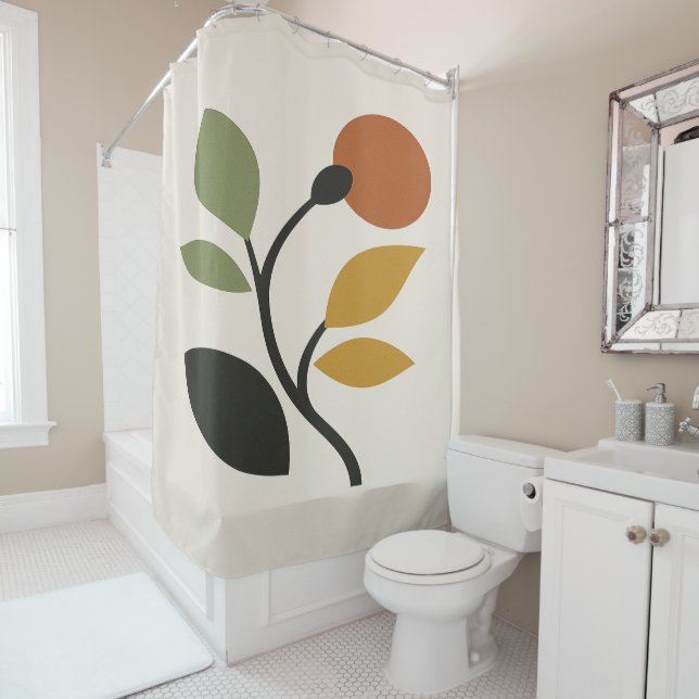 Beige, Brown, and Green Botanical Shower Curtain (In Situ)