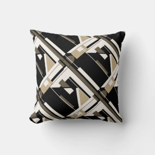Beige Brown Black White Diagonal Geometric Design Cushion