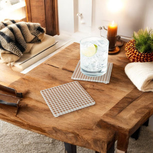 Beige Brown Buffalo Plaid Holiday Glass Coaster