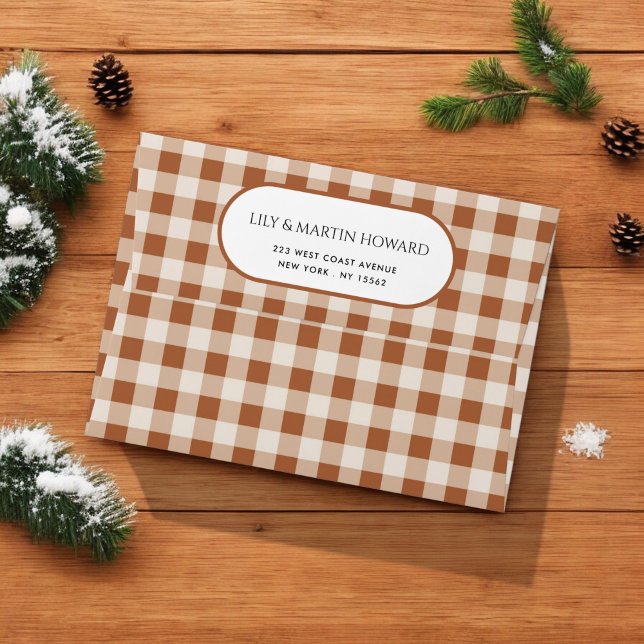 Beige Brown Buffalo Plaid Holiday Return Address Envelope (Creator Uploaded)
