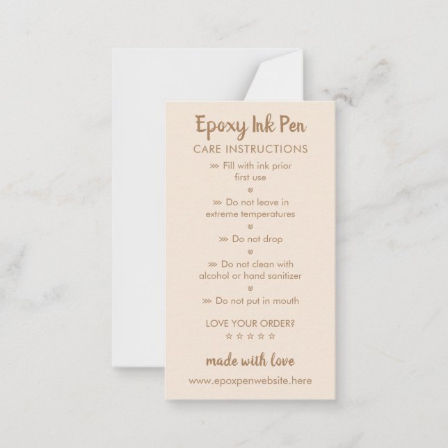 Beige brown Care Instructions for Epoxy Pen Card (Front)