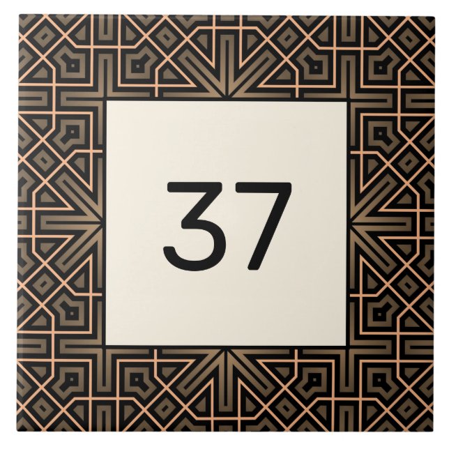  Beige & Brown Chic Fancy Deco House Number Plaque Ceramic Tile (Front)