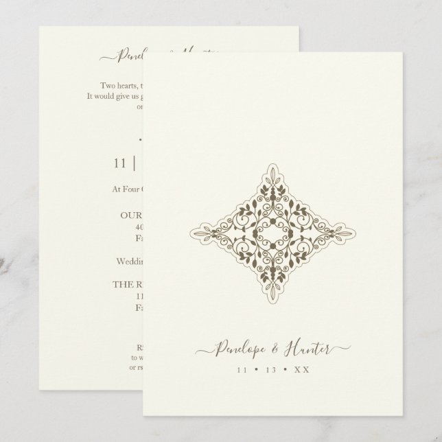 Beige Brown Chic Lace Romantic Couple Wedding Invitation (Front/Back)