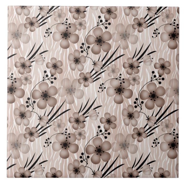 Beige brown flowers pattern on tiger background re ceramic tile (Front)