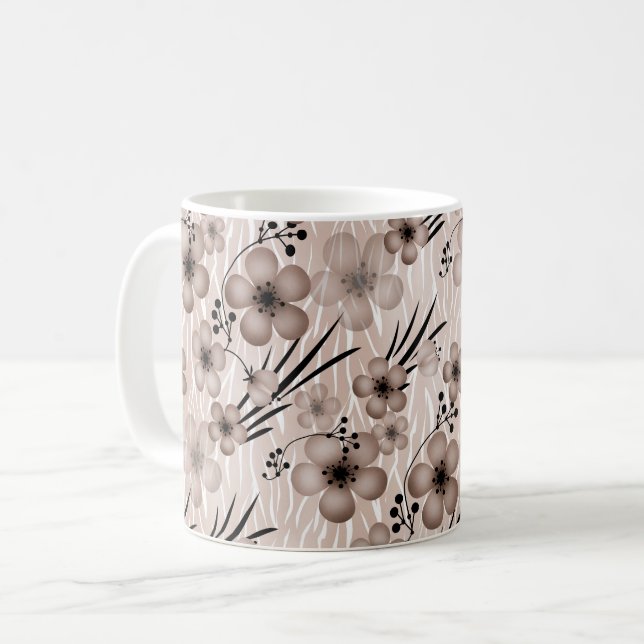 Beige brown flowers pattern on tiger background re coffee mug (Front Left)