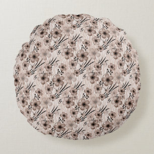 Beige brown flowers pattern on tiger background re round cushion