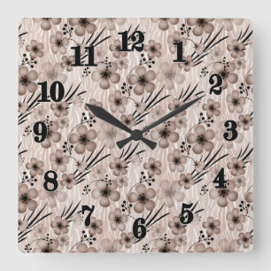 Beige brown flowers pattern on tiger background re square wall clock