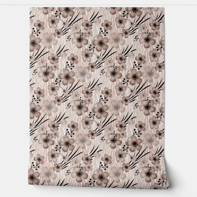 Beige brown flowers pattern on tiger background re wallpaper (Unrolling)