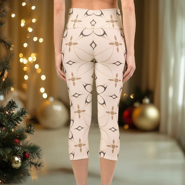 Beige & Brown Geometric Floral Elegant Minimal  Capri Leggings (Creator Uploaded)