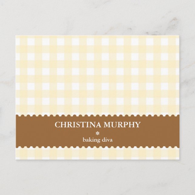 Beige brown gingham lined custom name recipe card (Front)