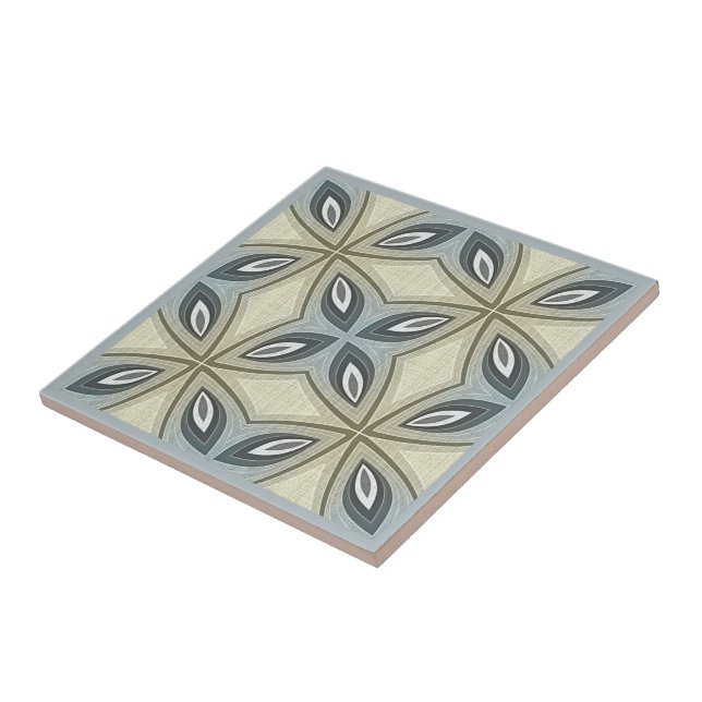 Beige Brown Grey Blue Floral Ethnic Tribe Art Ceramic Tile (Side)