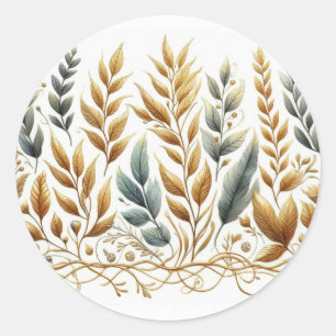Beige brown grey leaves nature watercolor vines classic round sticker