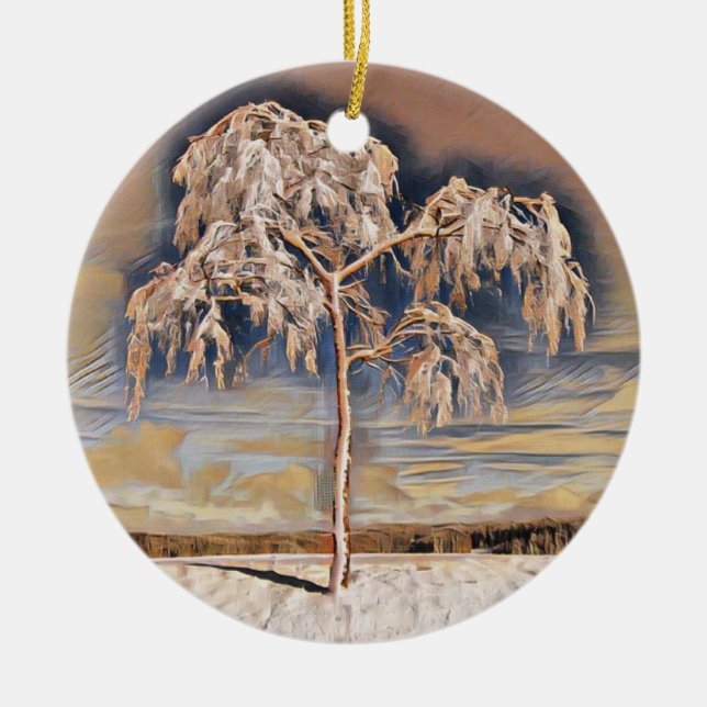 Beige Brown Grey Winter Snowed Tree Ornament (Front)