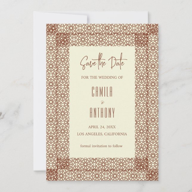 Beige Brown Islamic Geometric Two Border Wedding Invitation (Front)