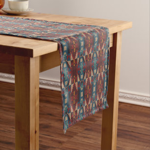 Beige Brown Maroon Red Dark Teal Blue Tribal Art Short Table Runner