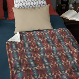 Beige Brown Red Teal Blue Terracotta Tribal Art Fleece Blanket