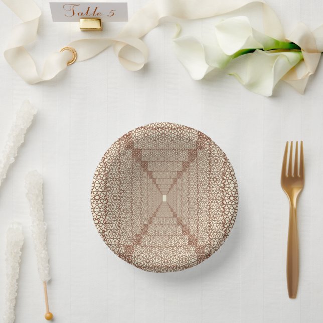 Beige Brown Rustic Islamic Geometric Single Border Paper Plate (Wedding)