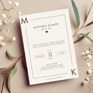 Beige Brown Simple Monogram Border Wedding Invitation