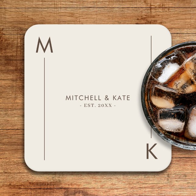 Beige Brown Simple Monogram Wedding Square Paper Coaster (Beige Brown Simple Monogram Wedding Square Paper Coaster)