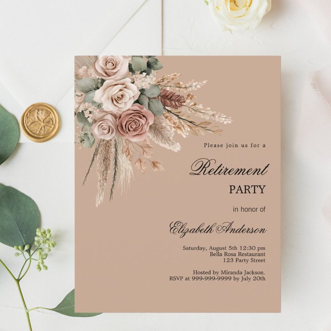 Beige brown taupe rose retirement party invitation (Creator Uploaded)