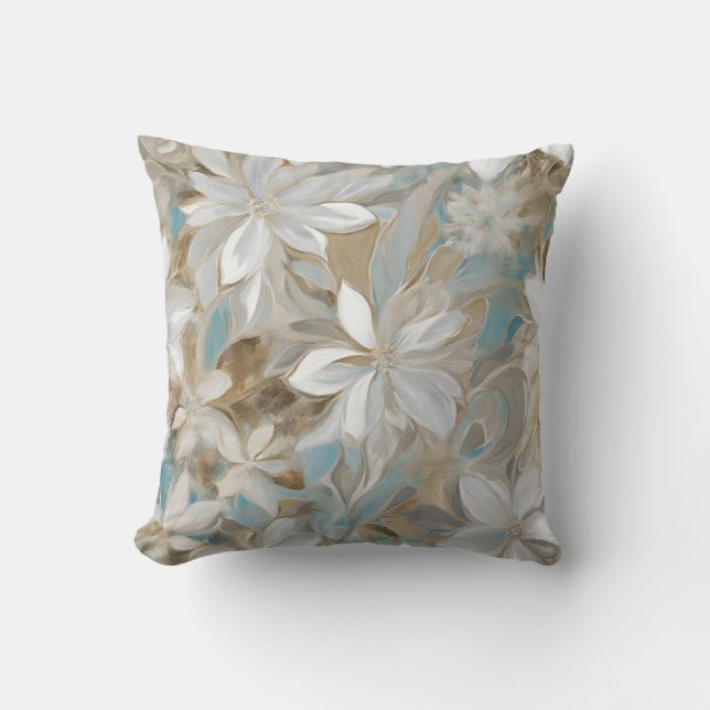 Beige Brown Teal Blue Floral Cushion (Front)