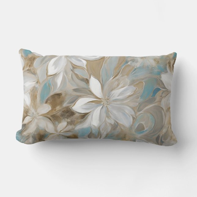 Beige Brown Teal Blue Floral Lumbar Cushion (Front)