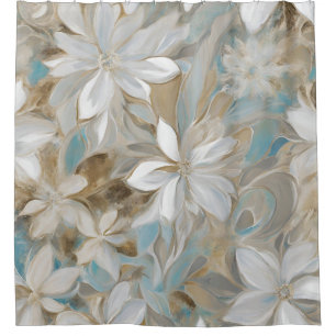 Beige Brown Teal Blue Floral Shower Curtain