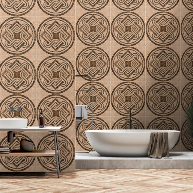 Beige Brown Tile Mosaic Vintage Design Wallpaper (Bathroom)