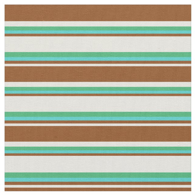 Beige, Brown, Turquoise & Sea Green Coloured Lines Fabric (Close Up)