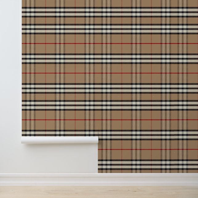 Beige Brown Twill Plaid Pattern Wallpaper (Application)