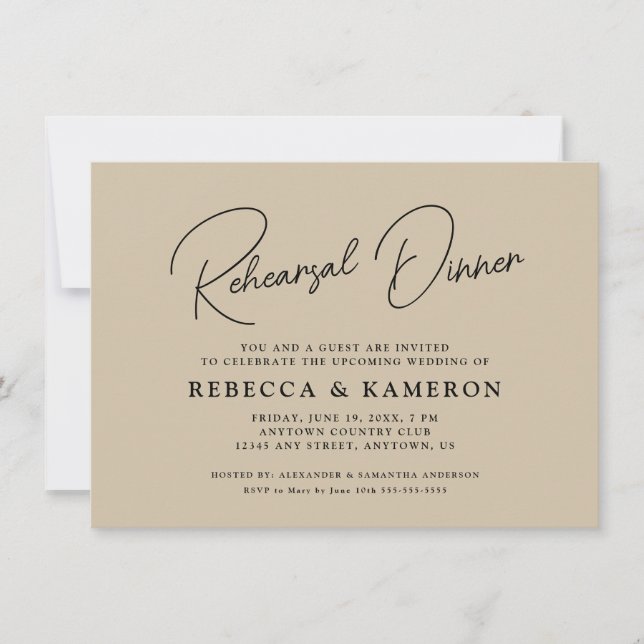 Beige Budget Script Rehearsal Dinner Invitation (Front)