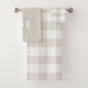 Beige Buffalo Check and Farmhouse Arrow Monogram Bath Towel Set