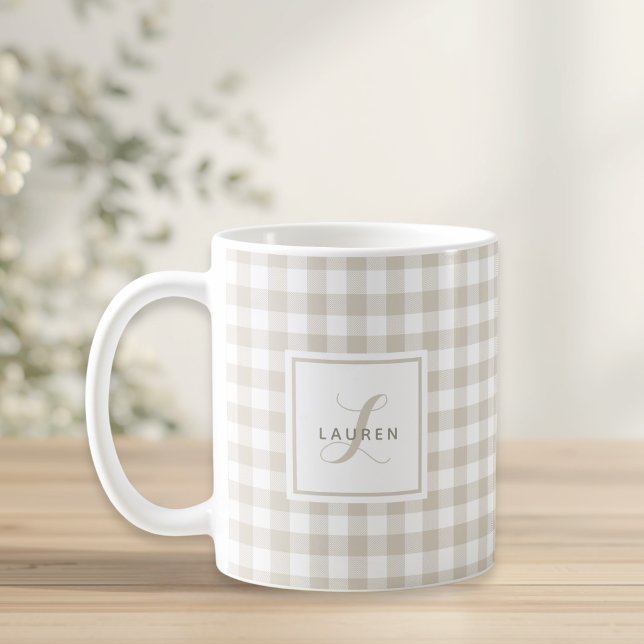 Beige Buffalo Check Custom Initial Name Gift Coffee Mug (Creator Uploaded)