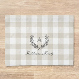 Beige Buffalo Check Laurel Wreath Family Monogram Tea Towel