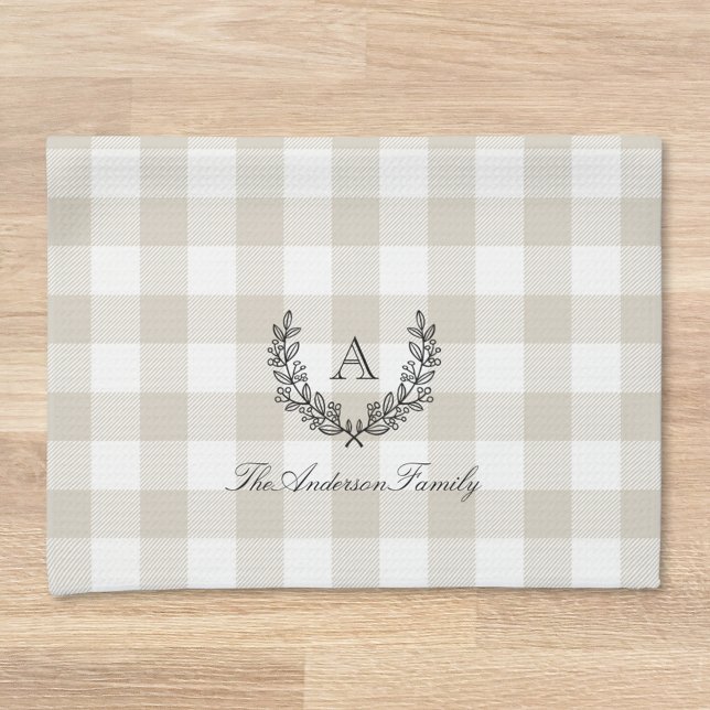 Beige Buffalo Check Laurel Wreath Family Monogram Tea Towel (Creator Uploaded)