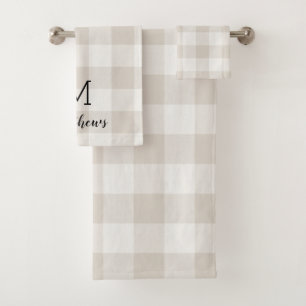 Beige Buffalo Check Monogram Modern Farmhouse Bath Towel Set