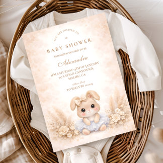 Beige Bunny Floral Baby Shower Invitation