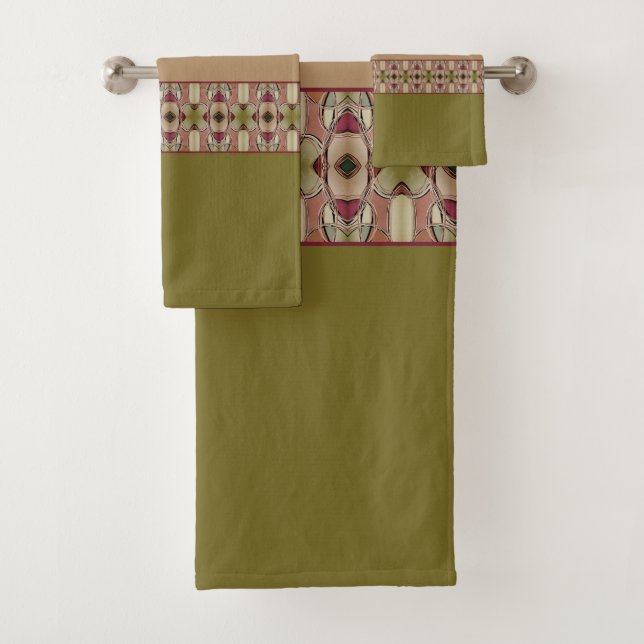 Beige Burgundy and Green Bath Towel Set (Insitu)