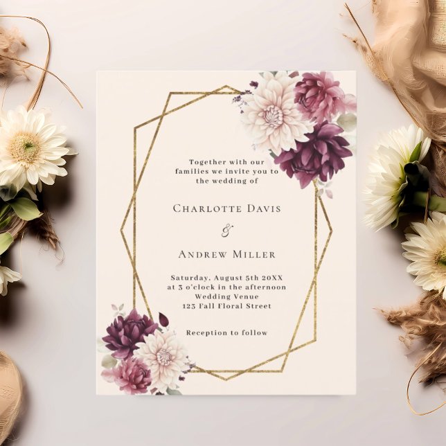 Beige burgundy floral geometric wedding invitation (Creator Uploaded)